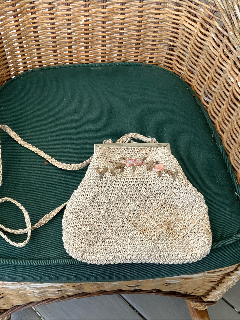 Vintage Cream Woven Evening Crossbody Bag with Pink Floral Accent